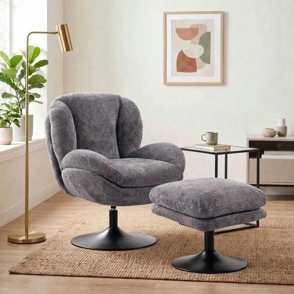 Modern Chenille Lazy Chair with Ottoman, 360° Swivel, Upholstered Reading Seat Set for Living Room, Dark Grey - Dark Grey
