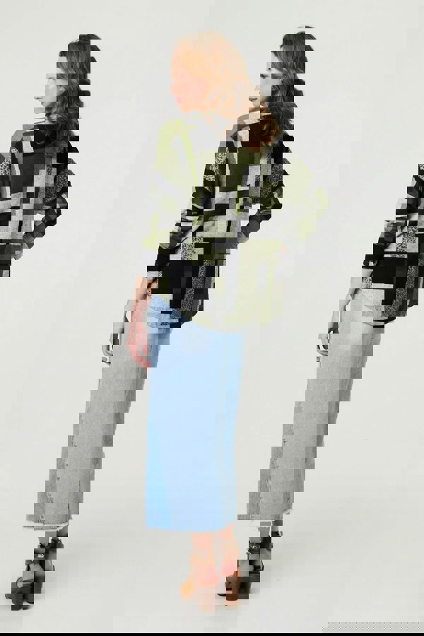 Green | Geo Print Zip V-Neck Curve Hem Top
