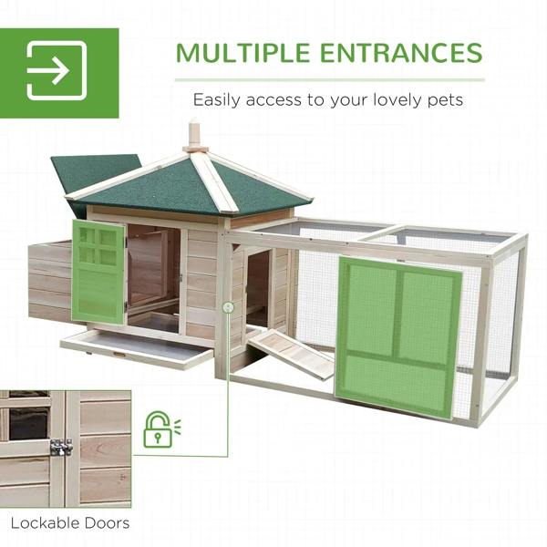 Wooden chicken coop with multiple entrance doors and wire mesh outdoor run