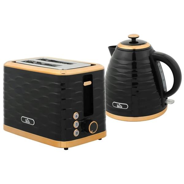 Black kettle and 2-slice toaster set with 7 browning controls and crumb tray