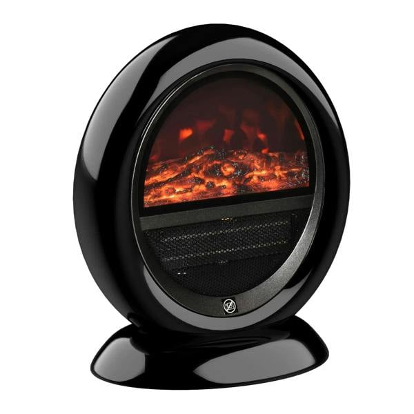 Black tabletop electric fireplace heater with realistic flame effect window and mesh grille