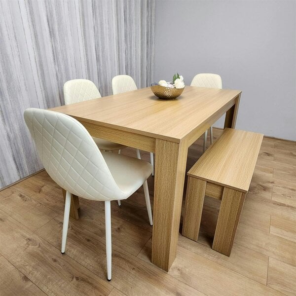 KOSY KOALA 6 Seater Modern Light Wood Dining Table Set with 4 Cream Plastic Chairs and Bench  H75 x L140 x W80 cm
