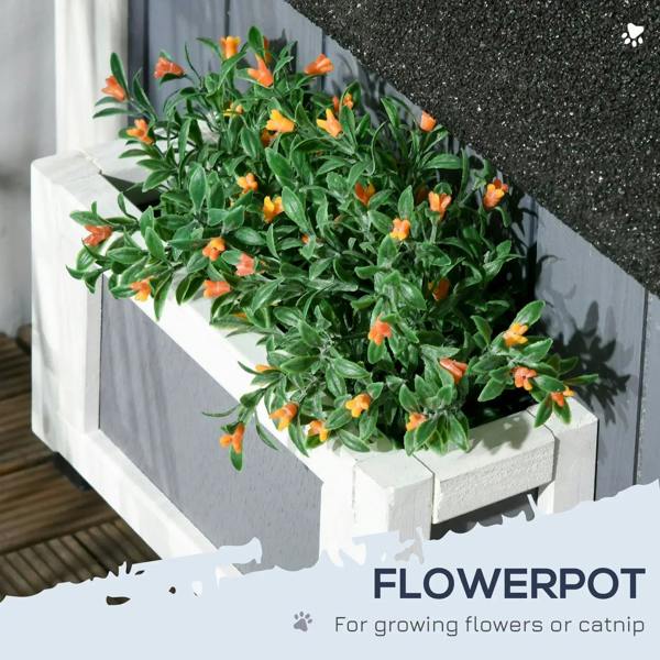 Grey wooden cat house with built-in flower pot planter and black textured roof