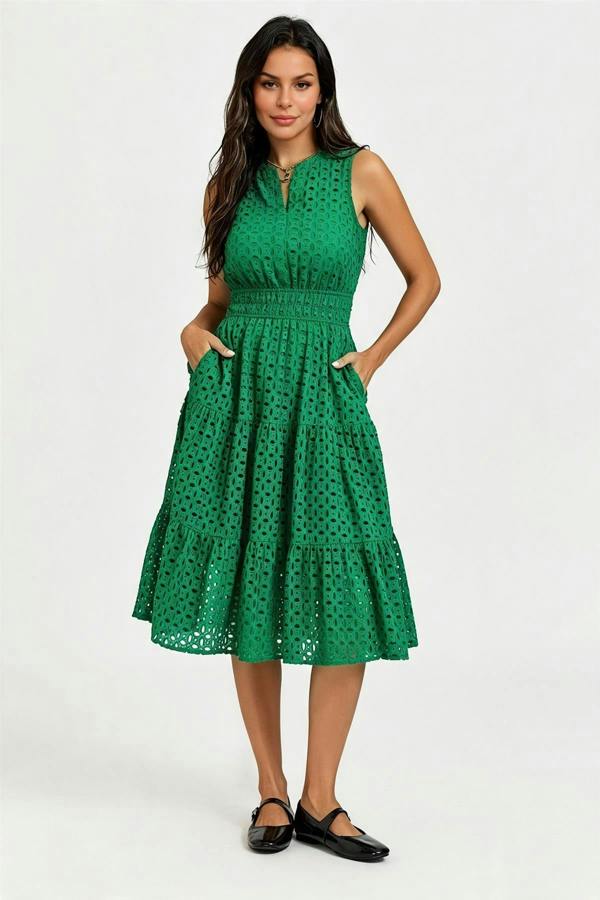 FS Collection Sleeveless Broderie Anglaise Midi Dress In Green