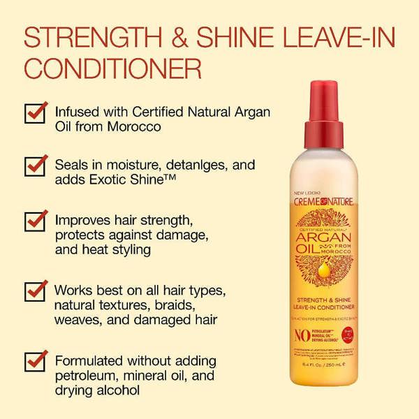 Creme of Nature Argan Oil leave-in conditioner bottle with text on a beige background