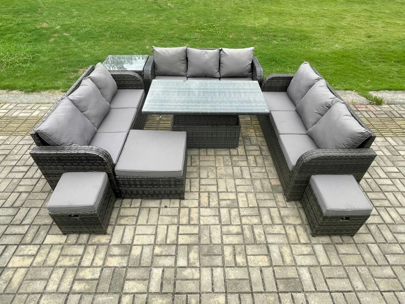 Fimous Garden Dining Sets Outdoor Rattan Furniture Lounge Sofa Height Adjustable Rising lifting Table With Side Table 3 Footstools Dark Grey Mixed