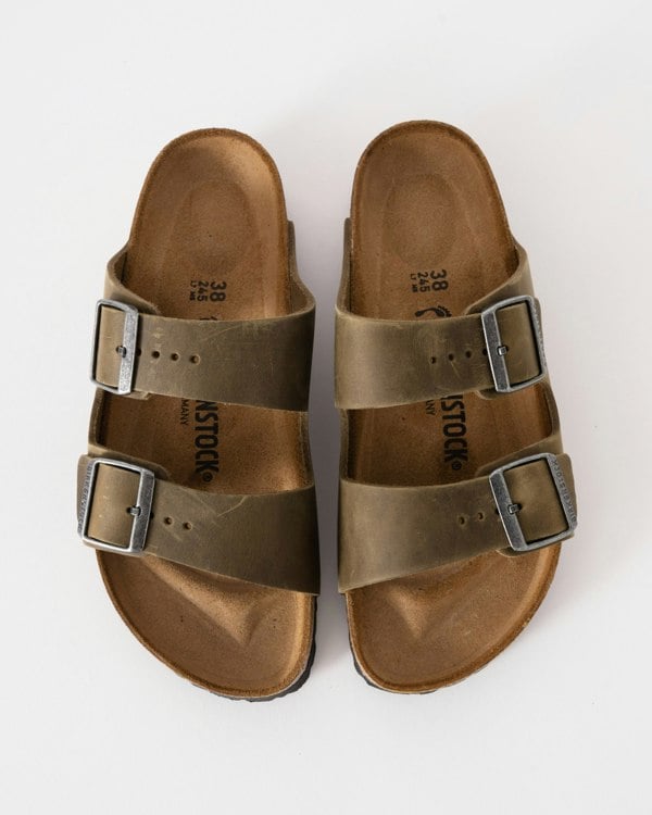 Birkenstock Arizona Oiled Natural Leather Womens Sandals - Faded Khaki - CHO - Designer Womens Sandals