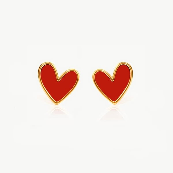 Red Enamel Heart Stud Earrings in Gold