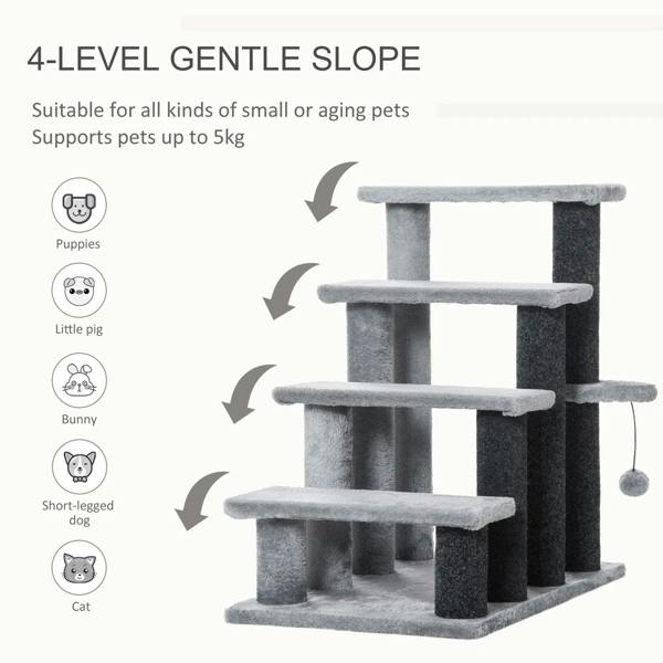 Grey 4-step pet stairs with scratching posts, plush platforms, and hanging ball
