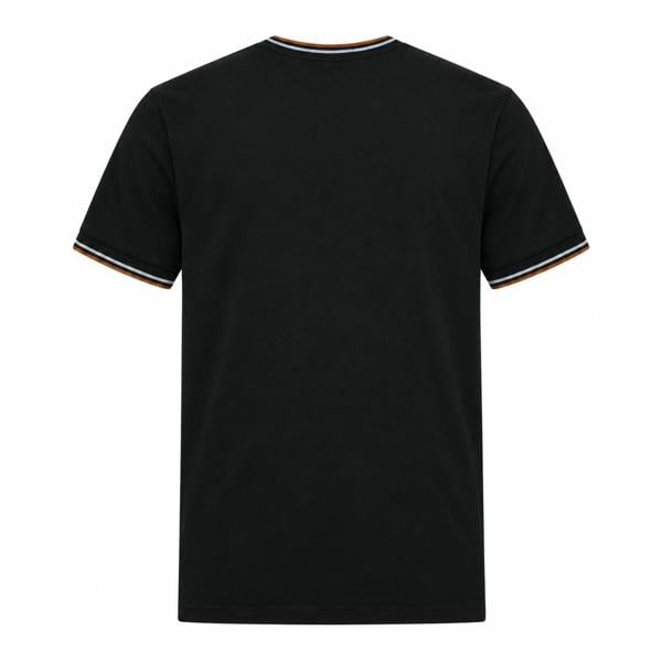 Back view of a black Fred Perry cotton t-shirt with night green, dusky blue, and dark caramel twin-tipped cuffs and collar.