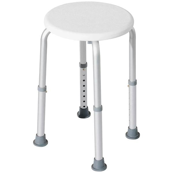 White height-adjustable shower stool with round seat and four legs