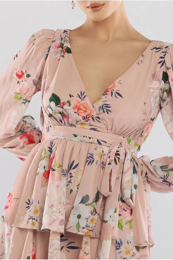 Sustainable Tiered Wrap Floral Mini Dress - Peach Floral DR4655BBS