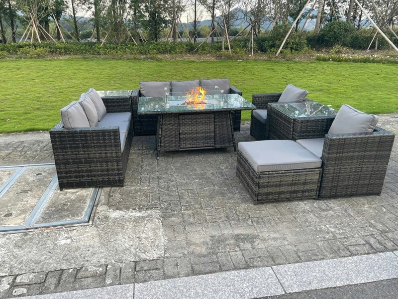 Fimous Outdoor Rattan Garden Furniture Gas Fire Pit Dining Table Sets Gas Heater Lounge Chairs Side Tables Dark Mixed Grey 9 Seater