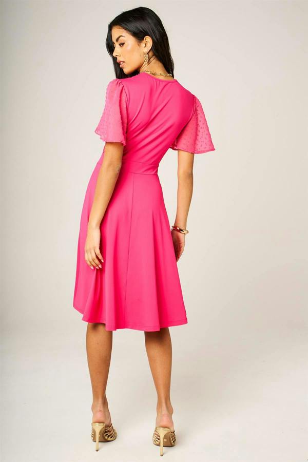 FS Collection Angel Sleeve Pleated Detail Midi Dress In Hot Pink