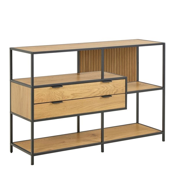 Furniture To Go Seaford Wide Oak Metal Bookcase 2 Drawers and 3 Shelves in Matt Wild Oak