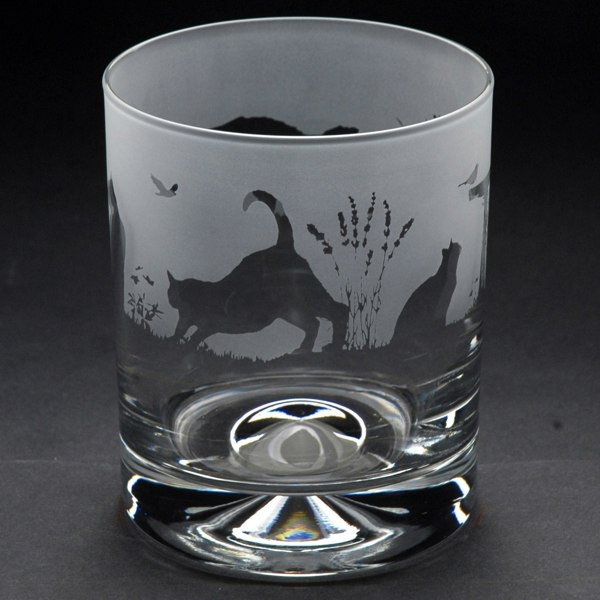 Glyptic Glass Art Cats Whiskey Tumbler Glass - Hand Etched / Engraved Gift