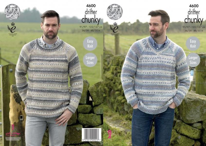 King Cole Drifter Knitting Pattern 4600, Sweaters for Men, 36/38 - 48/50 Inches - Easy