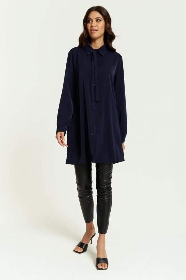 Hoxton Gal Oversized Tie Detailed Shirt Tunic with Long Sleeves in Navy