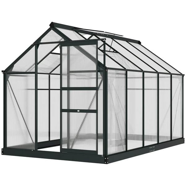 Grey walk-in greenhouse with clear twin-wall polycarbonate panels and front sliding door