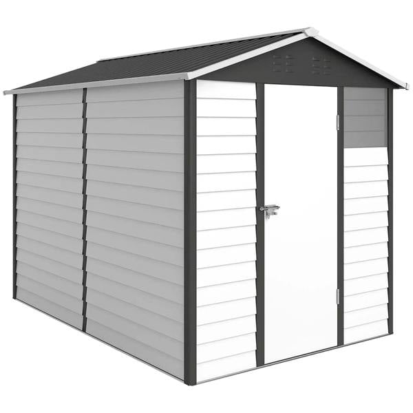 Dark grey metal garden shed with sloped roof and swing door