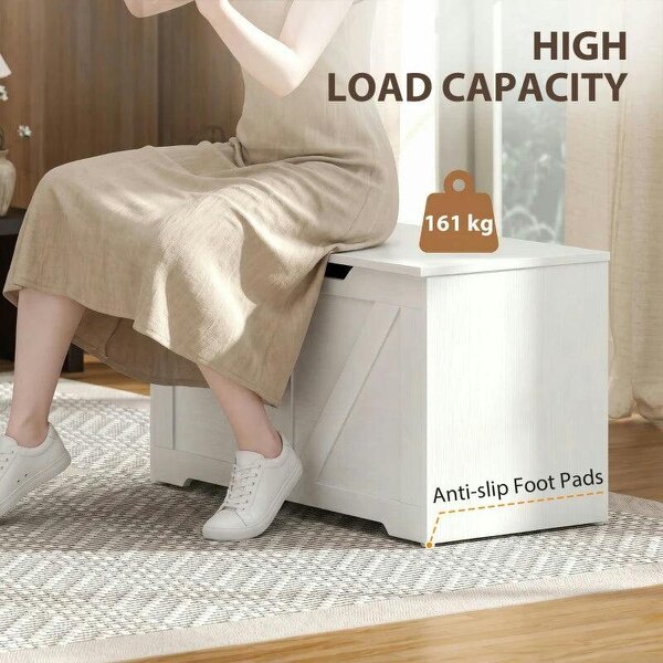100L Home Storage Box, with Safety Hinge - White Wood-Effect
