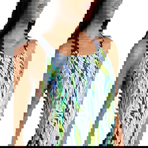 Arena Zebra Stripes Pro swimsuit in blue green abstract print with navy straps