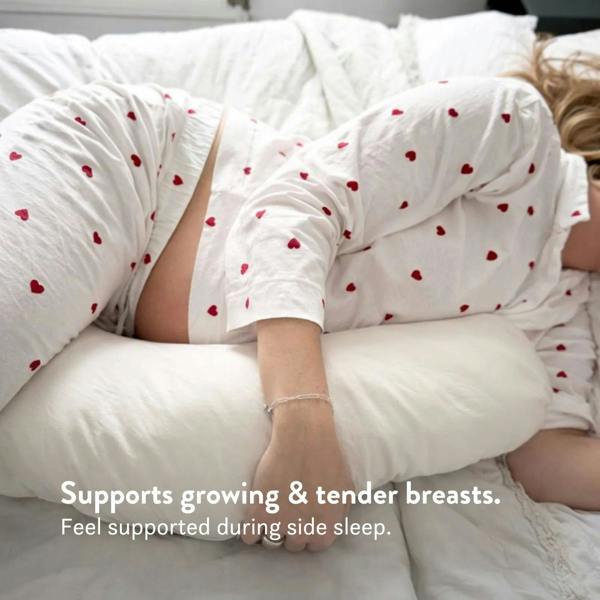 Organic cotton pregnancy pillow British wool Supports growing & tender breasts. Feel supported during side sleep.