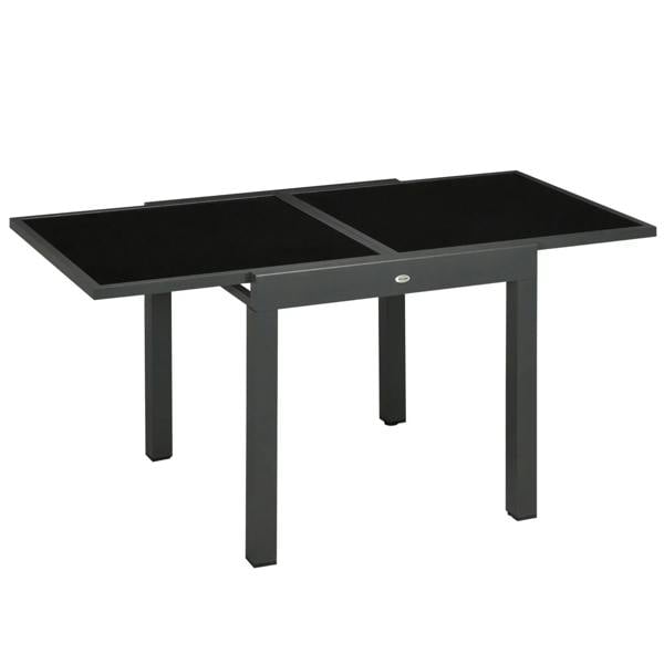 Extending outdoor dining table with dark aluminium frame and tempered glass tabletop