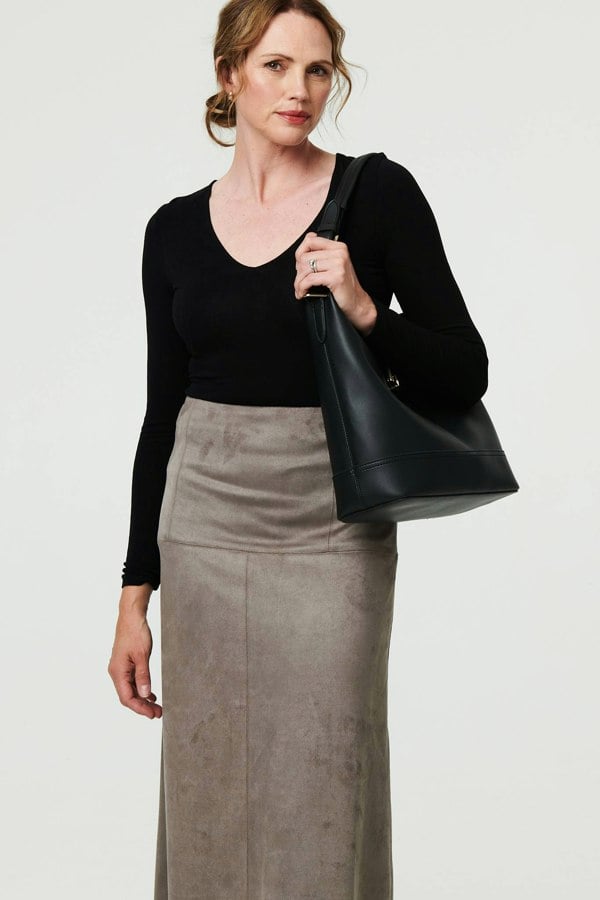 Grey | Faux Suede A-Line High Waist Midi Skirt
