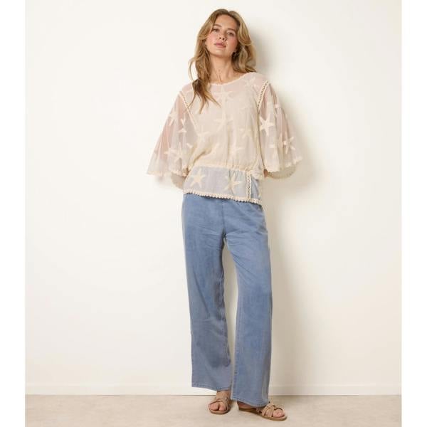 Blue Vanilla Star Fish Embroidered Butterfly Sleeve Blouse