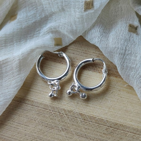 The Colourful Aura 15mm Pure Silver Two Ball drop Bali Dainty Statement Huggie Steampunk Hoop Earring