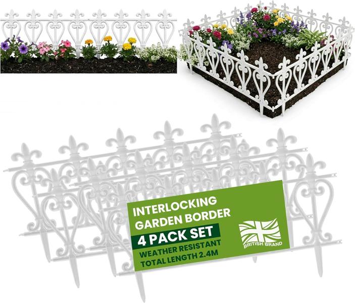 My Garden Outdoor Living Garden Fence Panels 4 Pack-2.4M Decorative Edging Panel-Secure Ground Stakes-Inter-Locking Fence Edging, Easy Hammer-In Setup