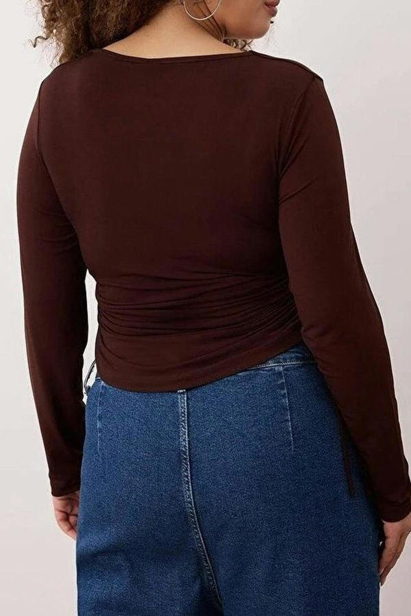 WOVCOR Square Neck Plus Size Knitted Blouse with Gathered Sides