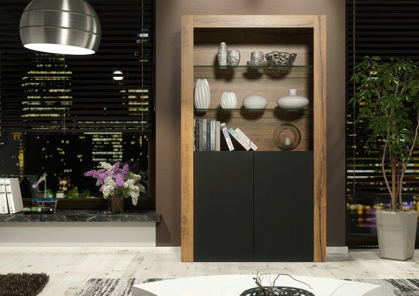 Mex Furniture Tall Display Cabinet 170cm Oak Matt Body and Black Matt Doors – Modern Open Shelving Unit