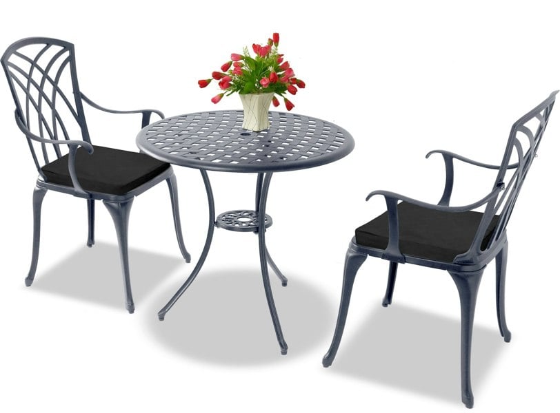 Centurion Supports OSHOWA Luxurious Garden and Patio Table and 2 Large Chairs with Armrests Cast Aluminium Bistro Set - Grey with Black Cushions