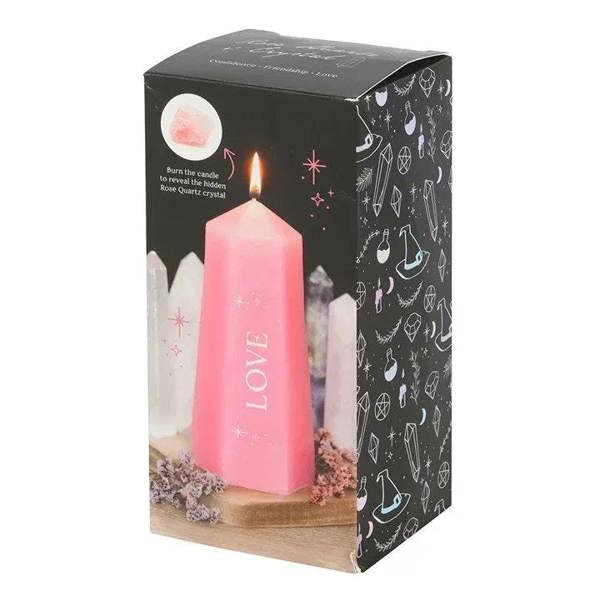 Pink Love pillar candle in black gift box with crystal-themed burn graphic