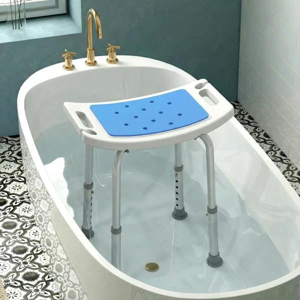 Adjustable-height shower stool with blue seat placed inside a bathtub