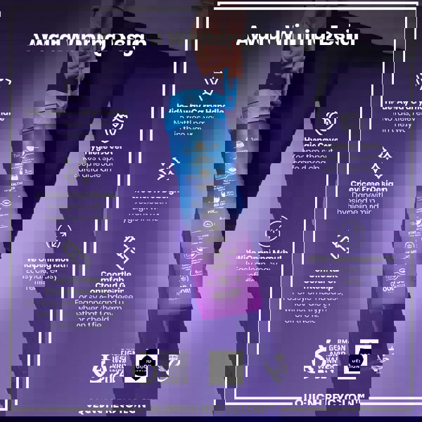 A person holds a purple and blue water bottle with time-marked hydration goals. The bottle has a hide-away handle, contoured grip, and a hygiene cover. The context is a product advertisement highlighting design awards.