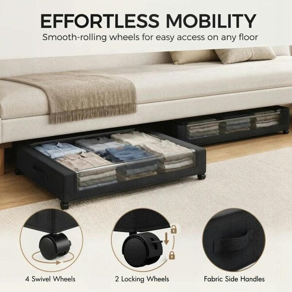 Bobobiy 40L Under Bed Storage On Wheels Pack of 2, Fabric Rolling Under Bed Drawers with Clear Lid, Zip, Steel Frame, Black