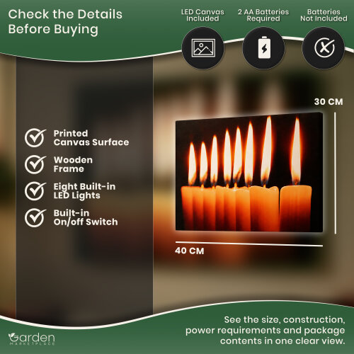 Christmas Canvas Print with 8 LED Flickering Candles, 40 x 30cm, Stretched Wooden Frame, Battery Operated, Indoor Use