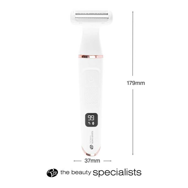 A front-facing view of the Lady Shaver Bikini Trimmer, showcasing its compact design. The image includes the dimensions of the shaver: 179mm in height and 37mm in width, demonstrating its slim, ergonomic build. The "Rio - The Beauty Specialists" logo is shown below.