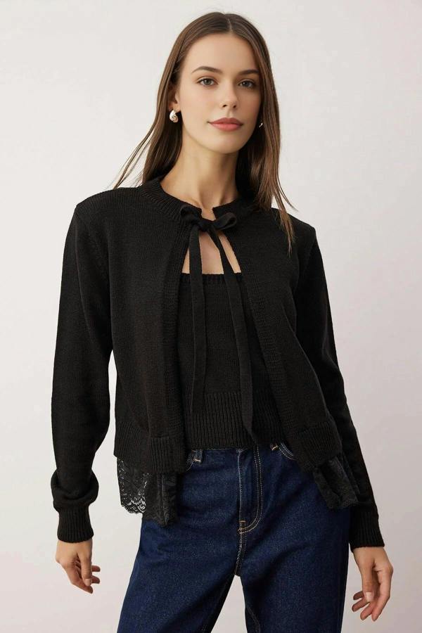 WOVCOR 2-Piece Lace-Edge Knit Cardigan-Blouse Set
