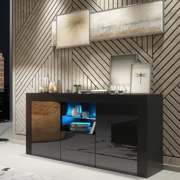 Mex Furniture Modern 145cm TV Unit, Cabinet Stand & with Black Gloss Doors & Free LED