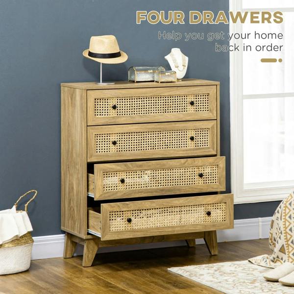 Wood-effect storage cabinet with four rattan-panel drawers and black knobs, full front