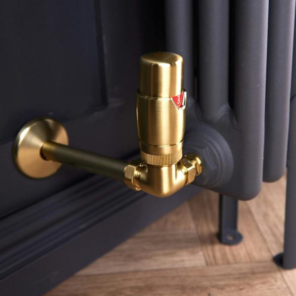 Flode Corner Thermostatic Radiator Valve Pack | 15mm x 1/2" | Brushed Brass