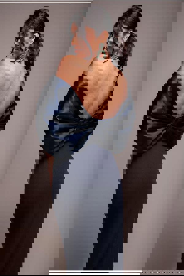 Off Shoulder Back Satin Bow Scuba Maxi Dress - Navy Blue DR4708