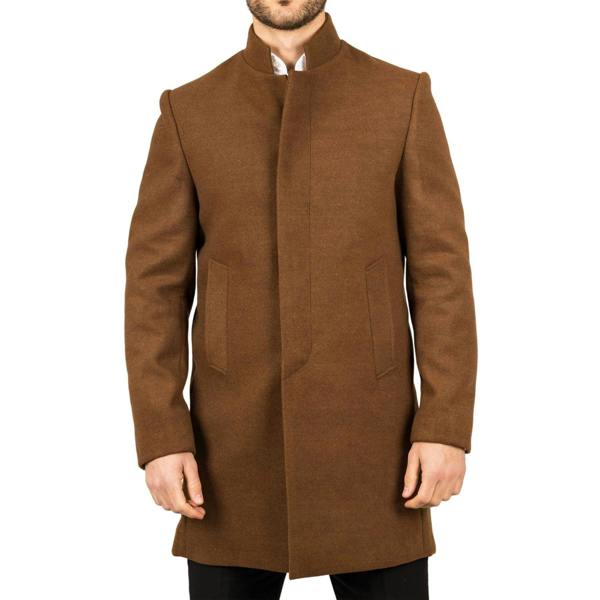 Infinity Leather Men's Brown Stand Collar Wool Blend Overcoat