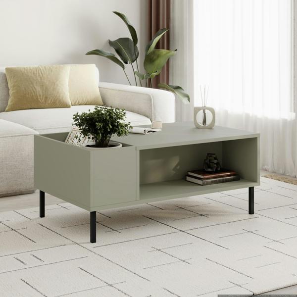 Decortie Modern Coffee Table 100cm with Vertical Planter Shelf & Open Storage Tray Table Black Metal Legs,Living Room, Ash Green