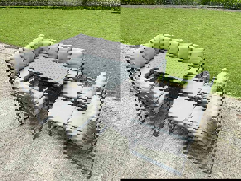 Fimous 11 Seater Aluminium Outdoor Garden Furniture Set with Adjustable Rising Dining Table, 2 Footstools & 3 Chairs - Grey