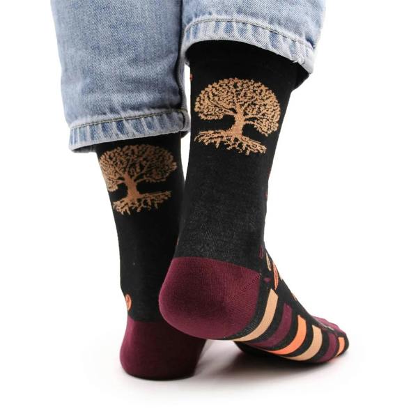 Black bamboo socks with tree-and-leaf graphic, burgundy heel and toe, striped cuffs